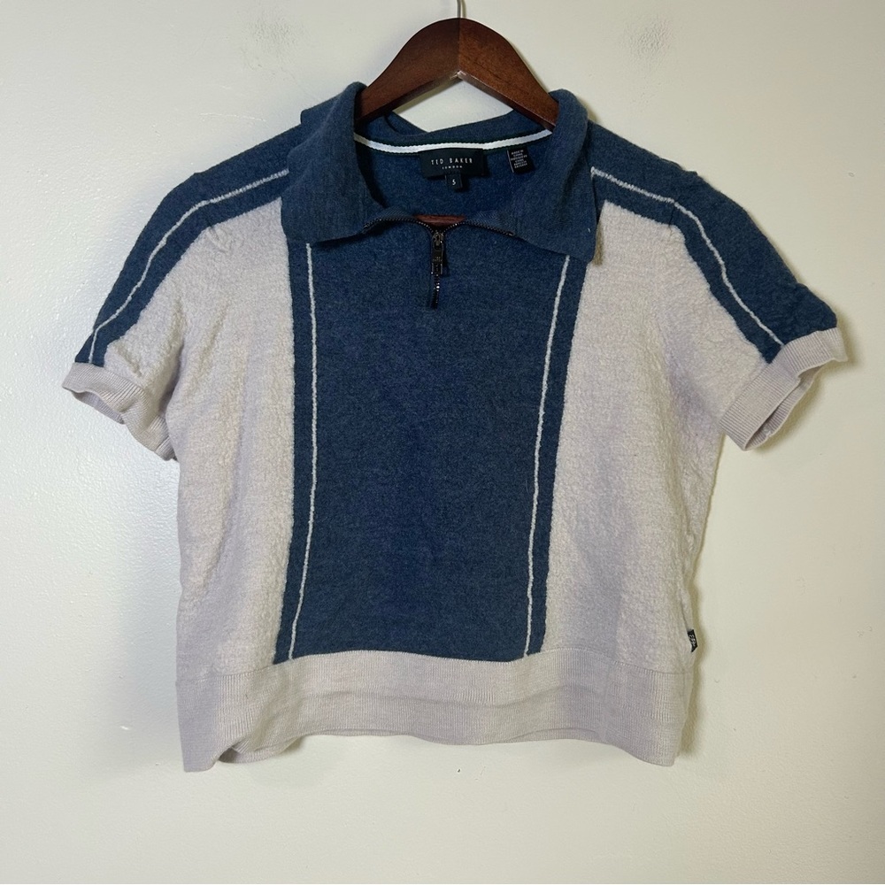 Ted Baker London Women Short Sleeve Cropped Half Zip Polo Sweater Blue Size 5/Sm